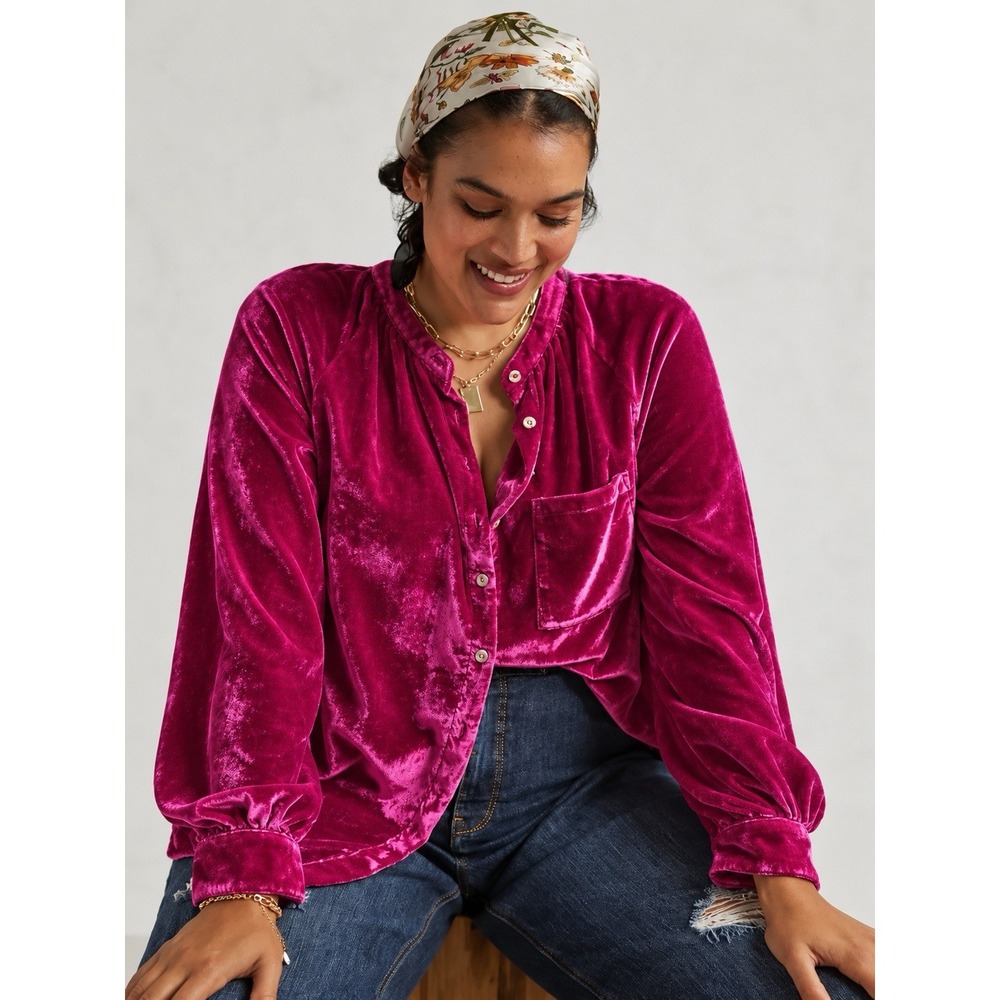 Anthropologie Pilcro The Hadley Velvet Button Down Shirt Pink Plus Size 3X